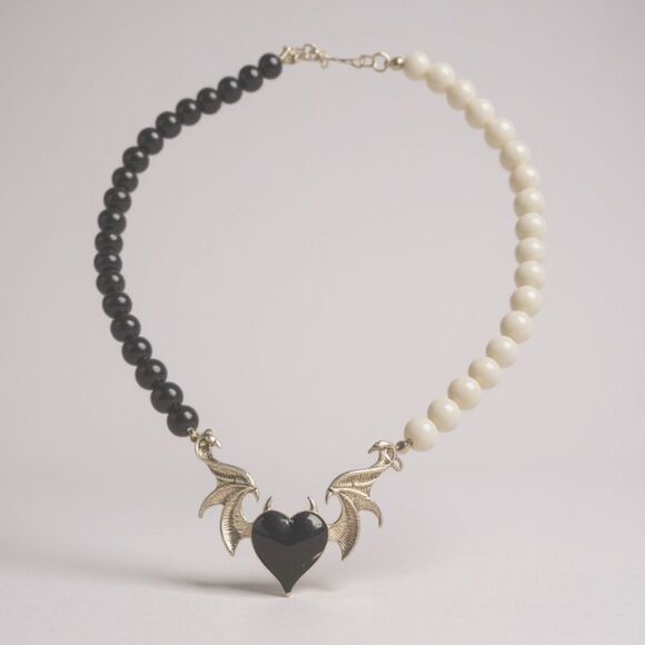 Gothic Bat Necklace – Winged Heart Pendant with Beaded Chain - Picture 1 of 6